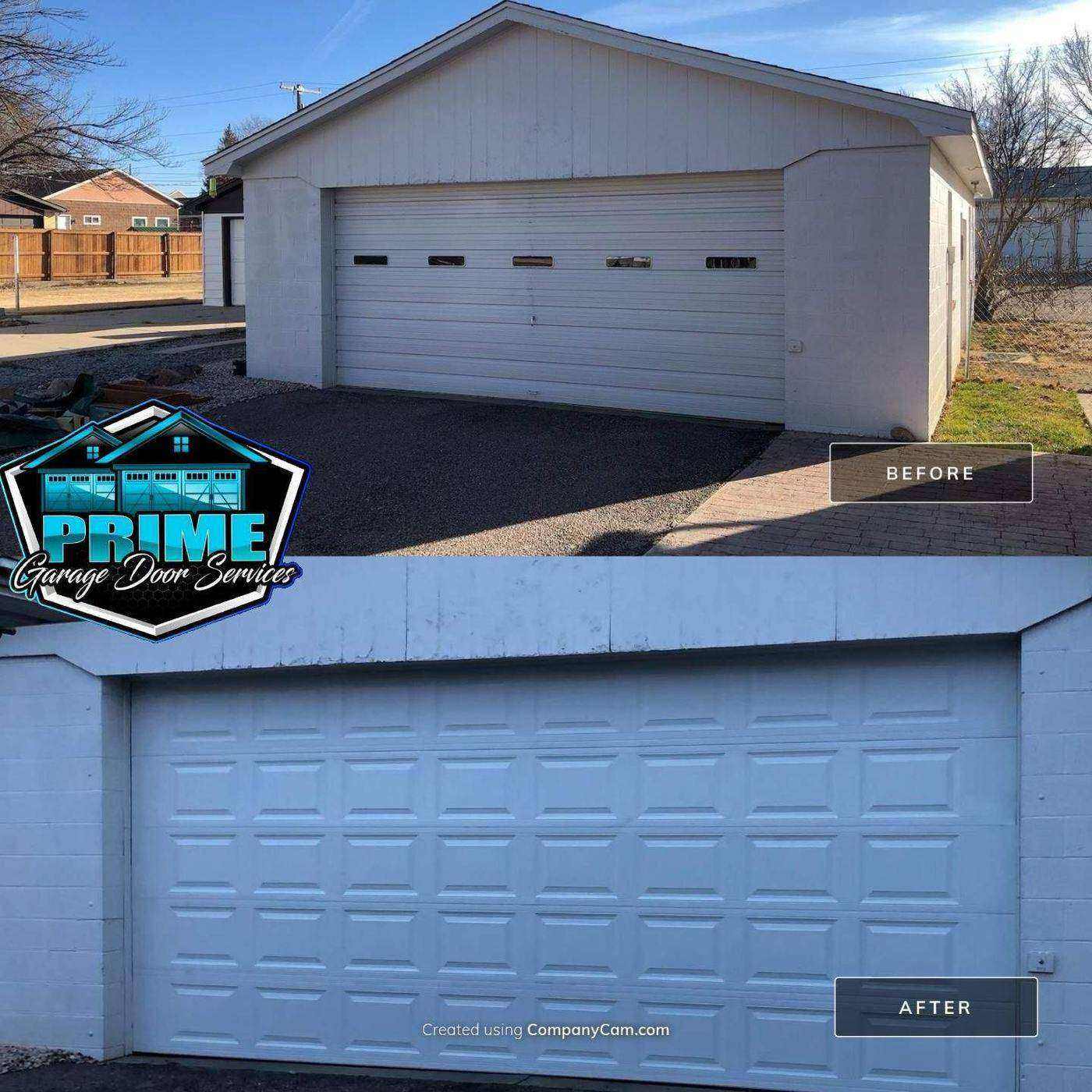 Before and after garage door work completed by Prime