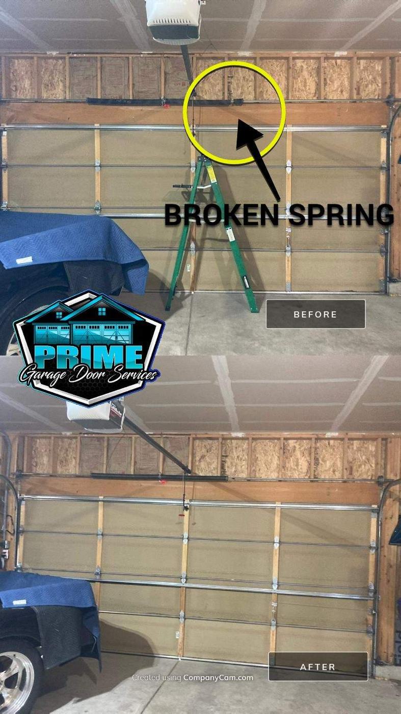 Broken garage door spring before and after replacement by Prime